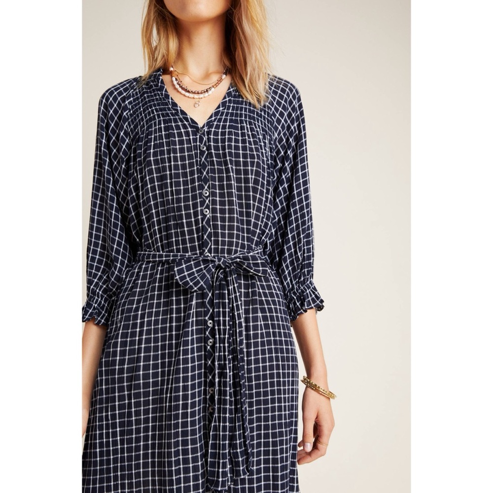 Anthropologie Maeve Sara‎ Smocked Shirt Dress Navy Blue Plaid Button Down XS - Picture 12 of 13